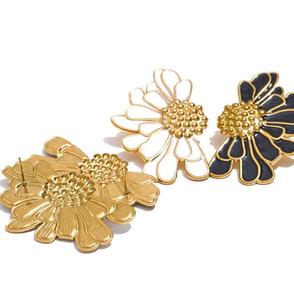 Floral Big White Black Enamel - Fashion Stud Earrings 18K Gold Color PVD Plated Stainless Steel Jewelry