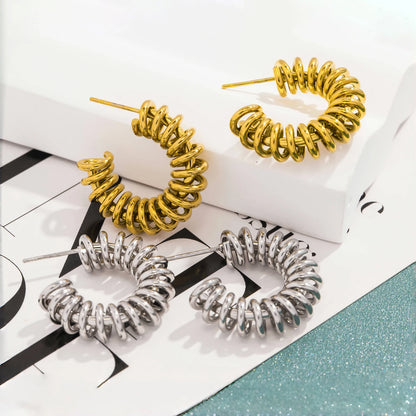 Creative Golden Color Metal Spring Chunky Hoop Earrings for Women - 18K Gold Plated Stainless Steel Jewelry