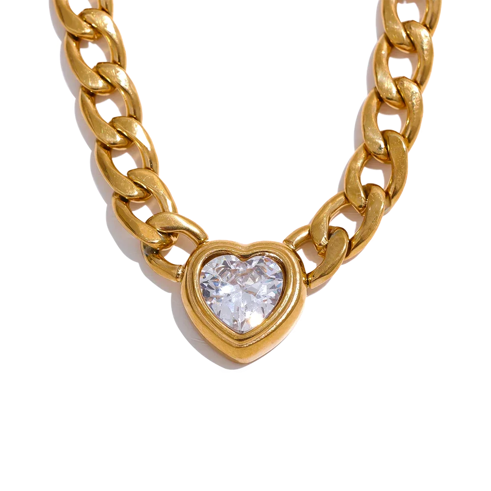 18K Gold PVD Heart Pendant Necklace with Zirconia Stone