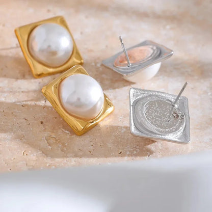 Elegant Square Pearl Stud Earrings – 316L Gold Plated