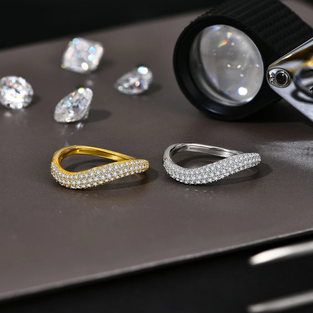 Sparkling Full D Color Moissanite Ring for Women - S925 Sterling Silver Wavy Band