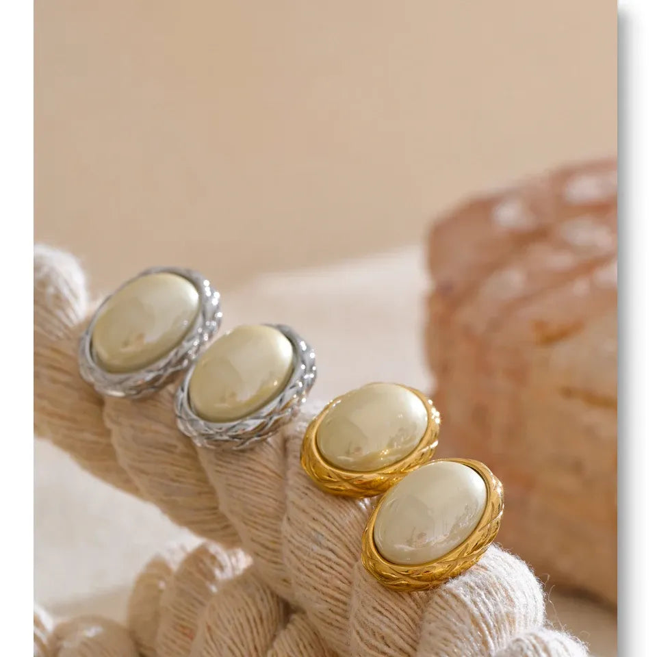 Korean Style Off White Gold - Oval Stud Earrings for Women Pearl Stainless Steel 18K PVD Plated Fashion Jewelry