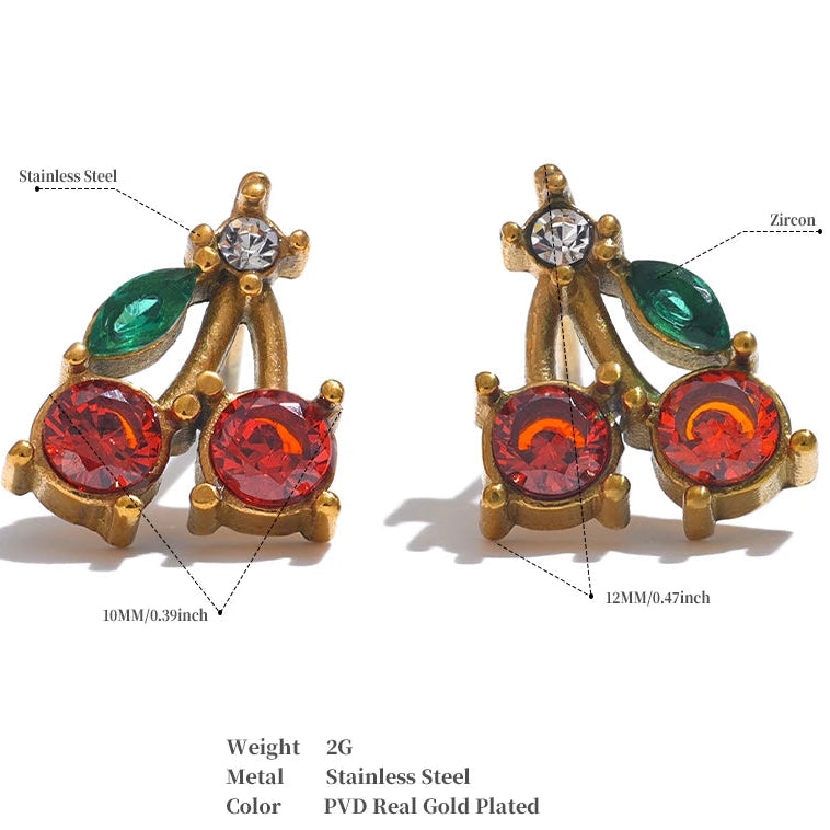 Red Cubic Zirconia Cherry Fruit Stud Earrings for Women Stainless Steel Waterproof Jewelry