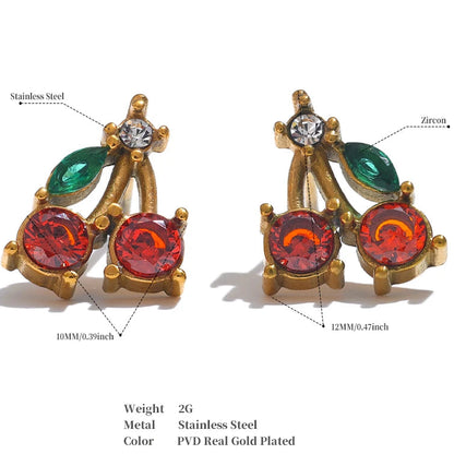 Red Cubic Zirconia Cherry Fruit Stud Earrings for Women Stainless Steel Waterproof Jewelry