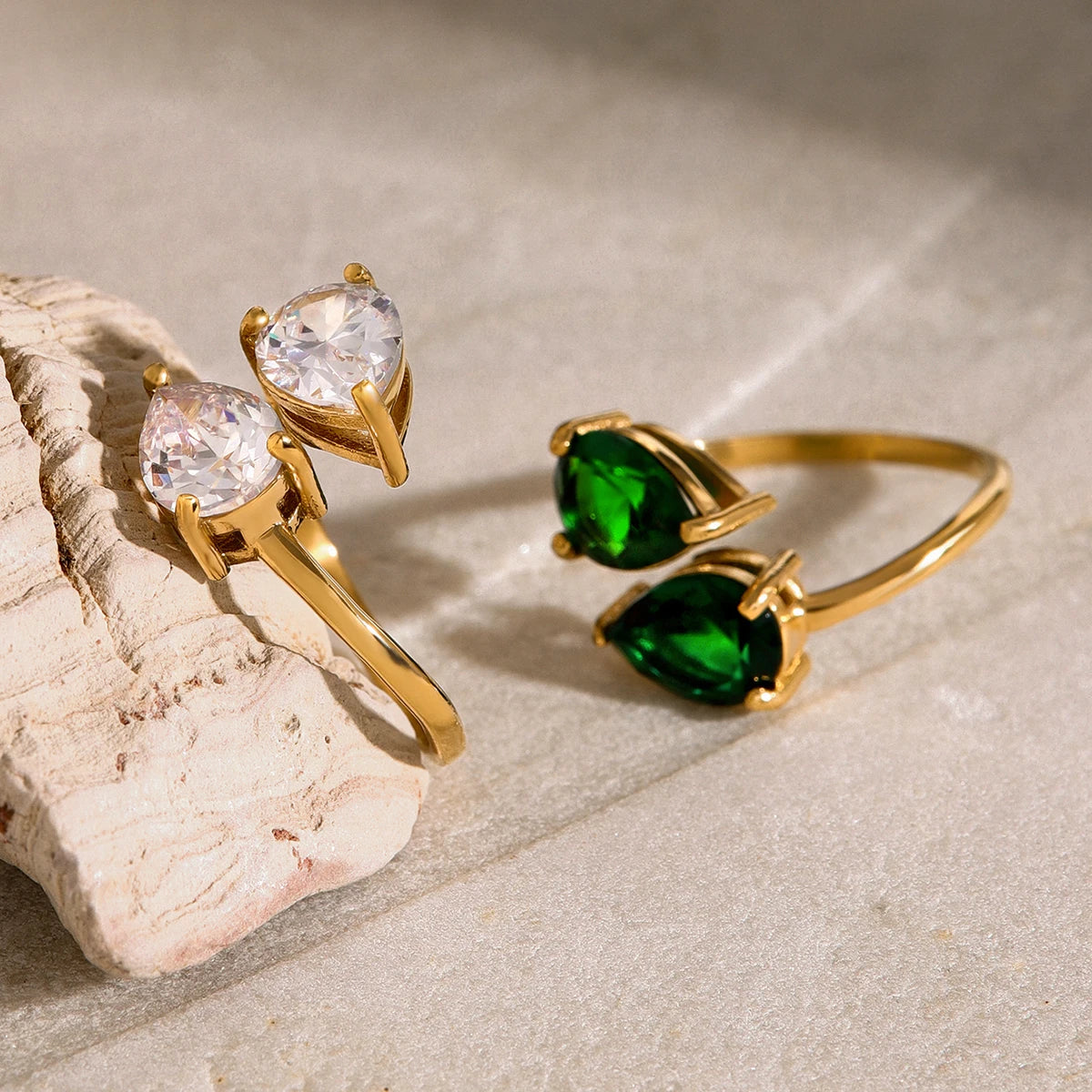 Luxe Jewels Elegant Green Double Teardrop Zirconia Ring – 18K Gold Plated Stainless Steel