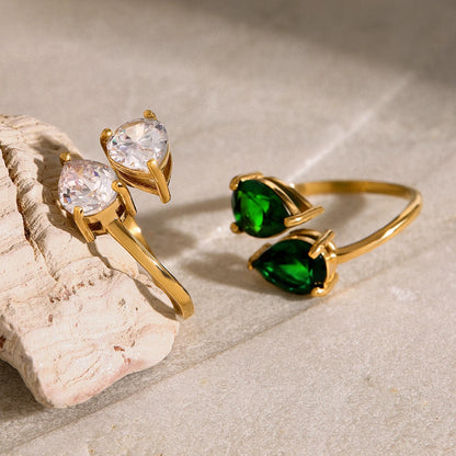 Luxe Jewels Elegant Green Double Teardrop Zirconia Ring – 18K Gold Plated Stainless Steel