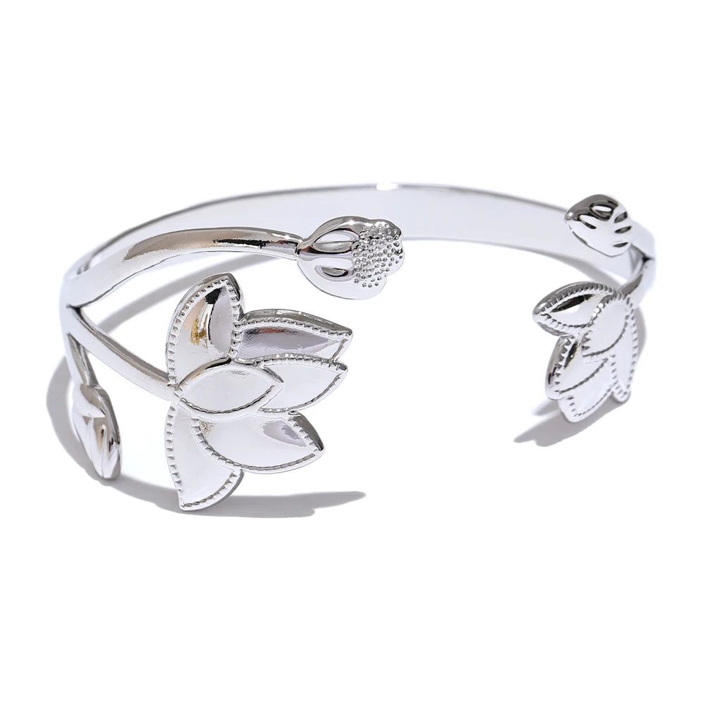 Big Flower Open Cuff Bracelet – Stainless Steel Gold Bangle