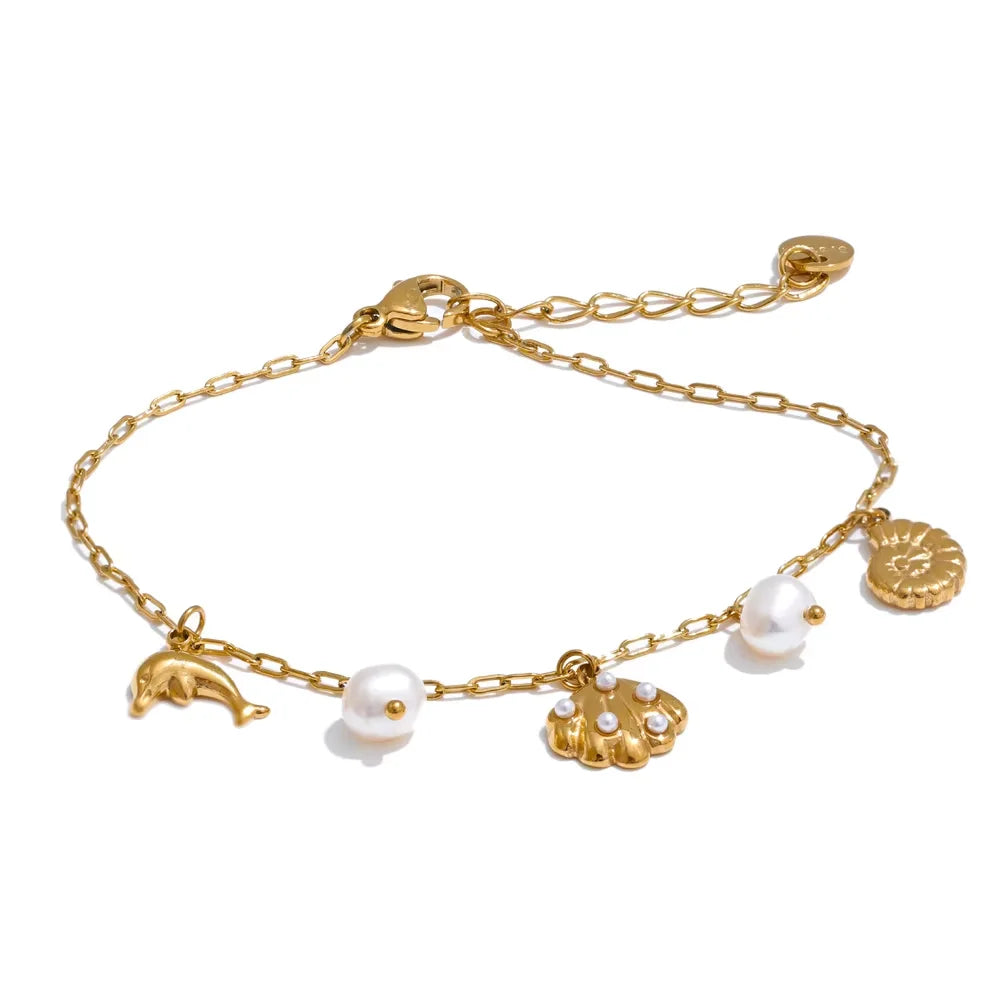 Ocean Charm Pearl Anklet – Shell Dolphin & Conch Design