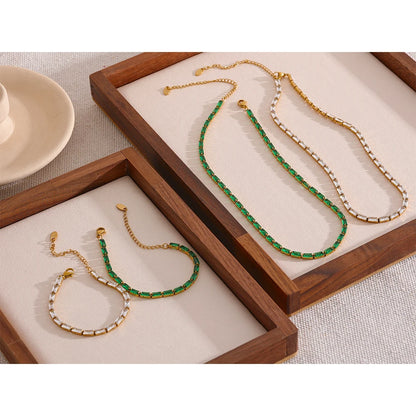 Luxury White & Green CZ Necklace Bracelet Set – Gold Plated Design