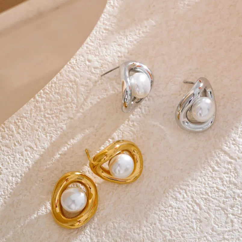 Gold Plated Tarnish-Free Hollow Oval Pearl Stud Earrings – Elegant Jewelry