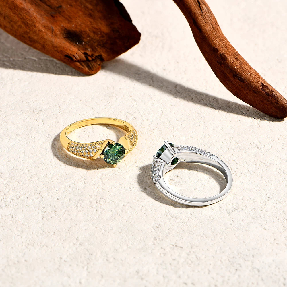 Luxe Jewels Round Cut 1CT Green Moissanite Ring - Genuine S925 Sterling Silver Ring for Women
