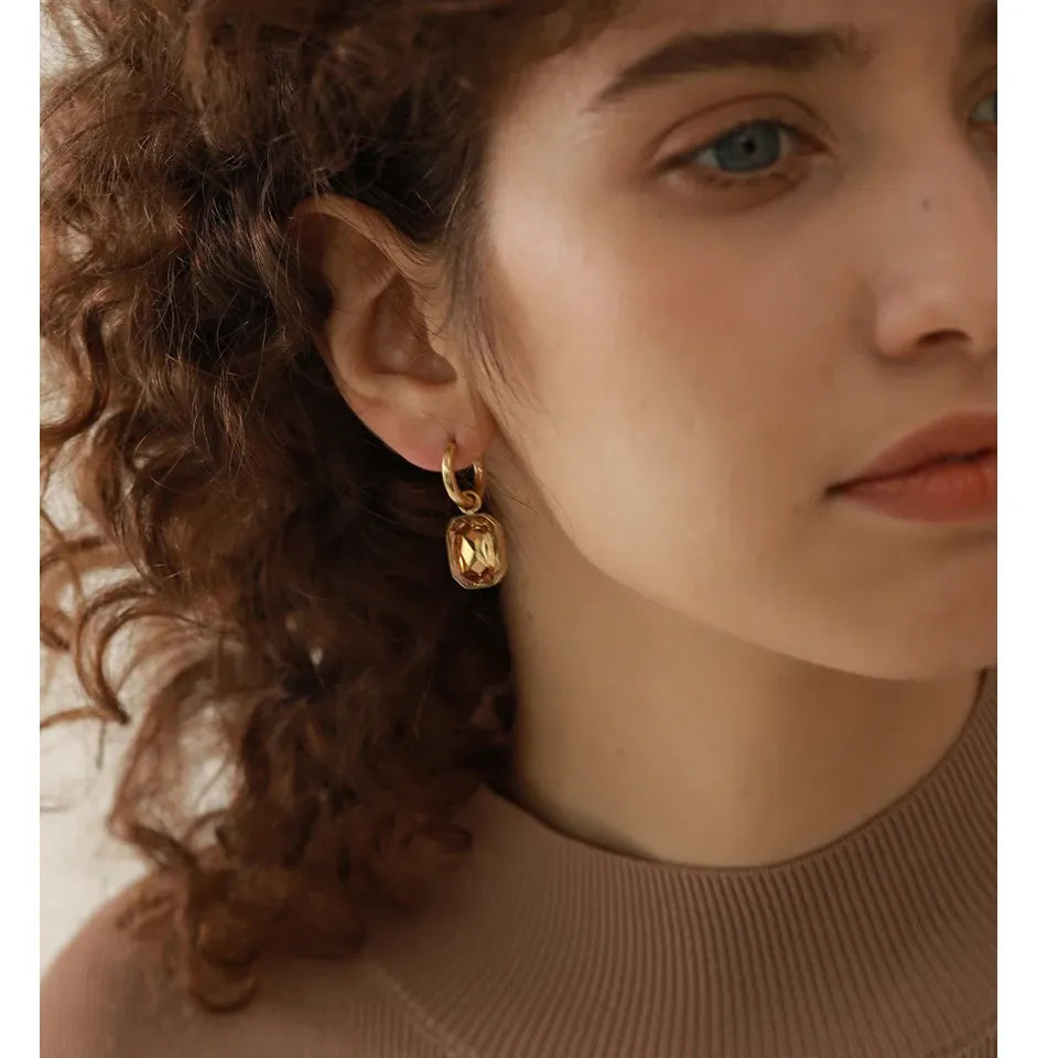 Stainless Steel Cubic Zirconia Drop Dangle Charms Trendy Earrings 18k-gold-plated Green Square Earring Jewelry