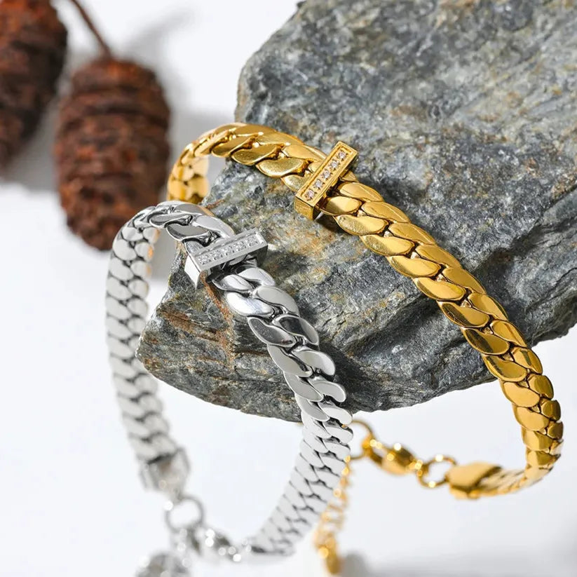 Stainless Steel Waterproof 18K Gold Cuban Zircon Bracelet