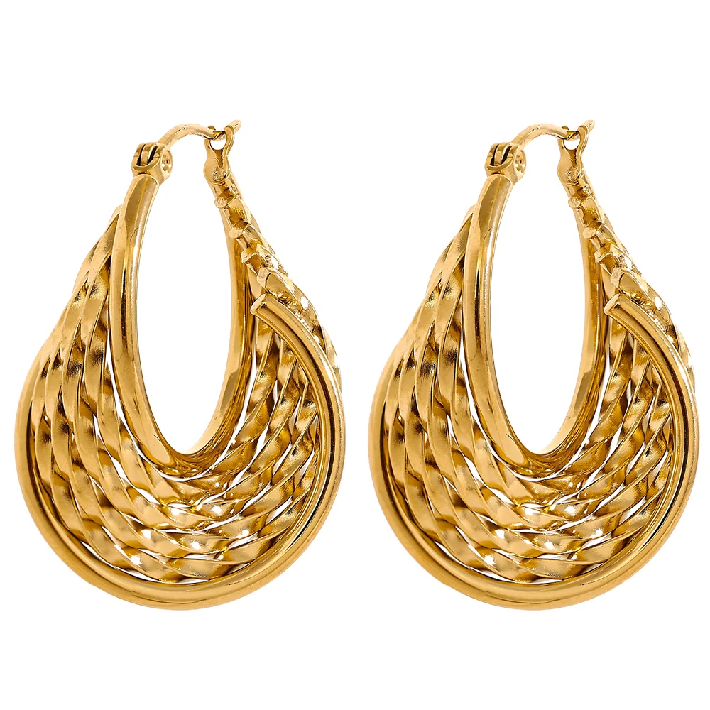 Charm Stainless Steel Twisted Hoop Earrings Waterproof Texture 18K Gold Plated Fashion Jewelry