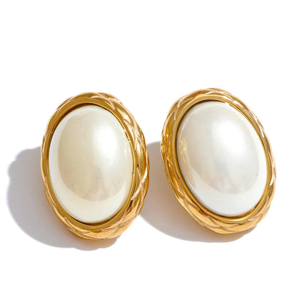 Korean Style Off White Gold - Oval Stud Earrings for Women Pearl Stainless Steel 18K PVD Plated Fashion Jewelry