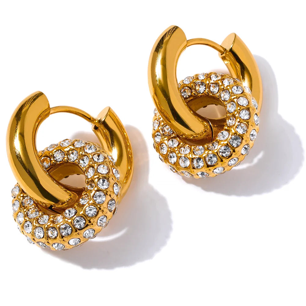 Cubic Zirconia Round Stainless Steel 18K Gold Color Huggie Hoop Earrings High Quality Jewelry
