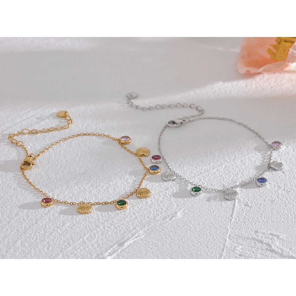 Colorful CZ Shell Anklet – Trendy Gold-Plated Stainless Steel