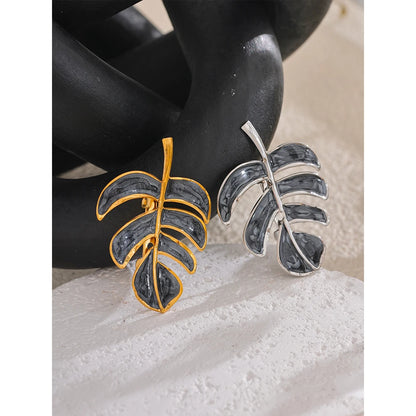 Leafy Enamel Brooch – 18K Gold-Plated Stainless Steel Pin with Pearl