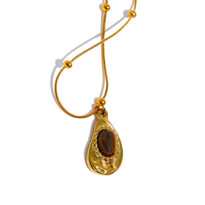 Natural Tiger Eye Stone Drop Necklace – Cashew Shape Pendant in Gold