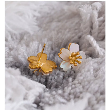 High Quality Natural Shell Flower Golden Daily Stud Earrings - Hypoallergenic Stainless Steel Exquisite Jewelry