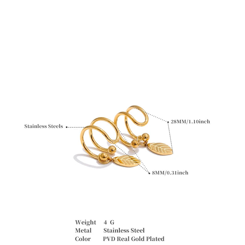 Luxe Jewels 18K Gold Plated Trendy Stainless Steel Double Layer Leaf Drop Ear Clip - No Piercing Earrings for Women