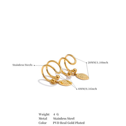 Luxe Jewels 18K Gold Plated Trendy Stainless Steel Double Layer Leaf Drop Ear Clip - No Piercing Earrings for Women