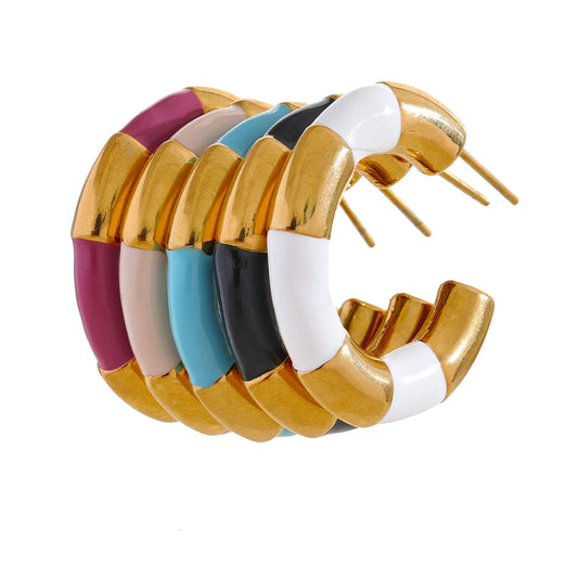 Multi Color Enamel Stainless Steel C-Shape Geometric Unique Earrings Waterproof Classic Stylish Jewelry