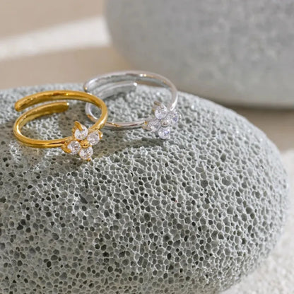 Luxe Jewels Stainless Steel Zirconia Flower Adjustable Ring – PVD Gold Plated Jewelry