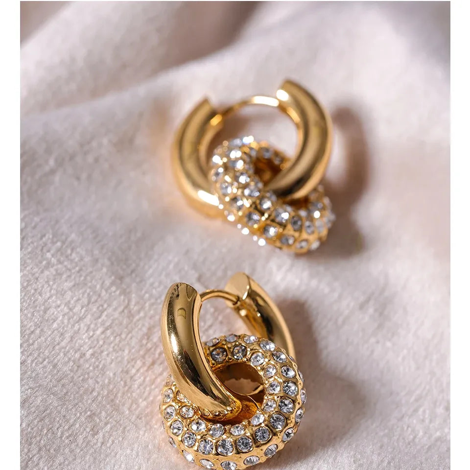 Cubic Zirconia Round Stainless Steel 18K Gold Color Huggie Hoop Earrings High Quality Jewelry