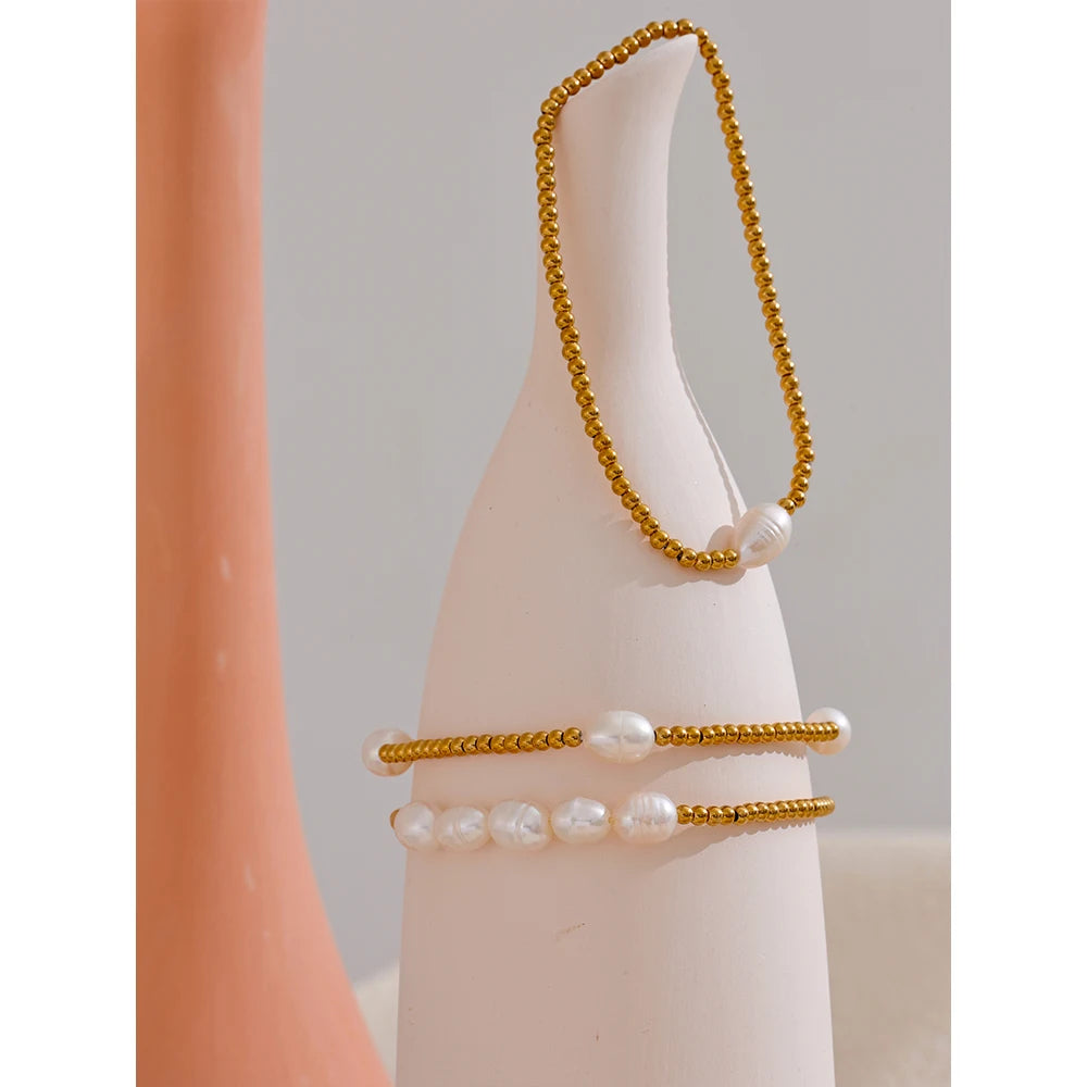 Freshwater Pearl & Bead Bracelet – Gold Plated Stainless Steel, Handmade