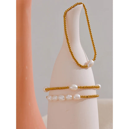 Freshwater Pearl & Bead Bracelet – Gold Plated Stainless Steel, Handmade