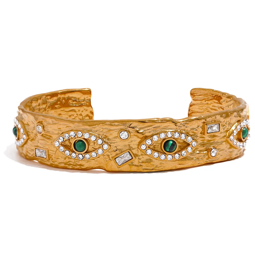Eye Charm Zircon Cuff – 60mm Gold Plated Stainless Steel Bracelet