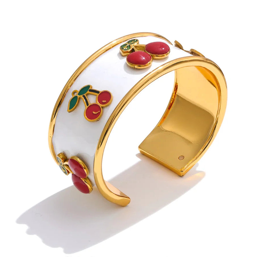 18K Gold Plated 64mm Stainless Steel White Enamel Cherry Cuff Bracelet - Jewelry Gift Ideas