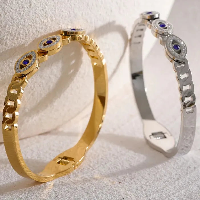 Evil Eye Zircon Bangle – 18K Gold Stainless Steel Waterproof