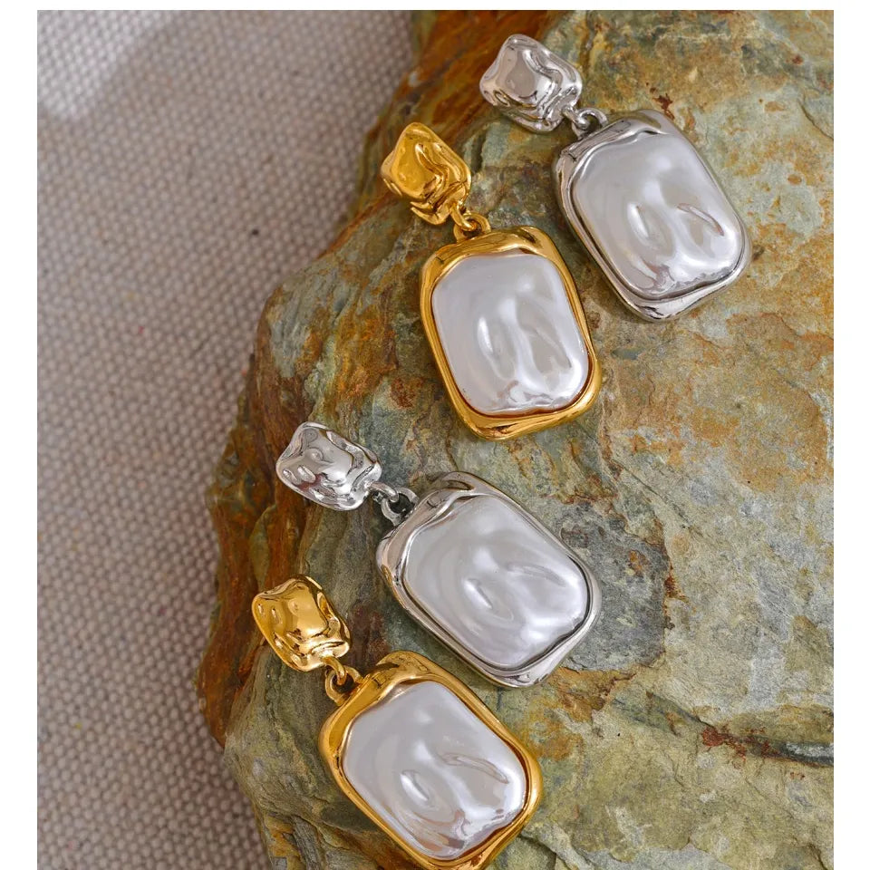 Stainless Steel Pearl Square Drop Earrings for Women Tarnish Resistant - Fashion Jewelry