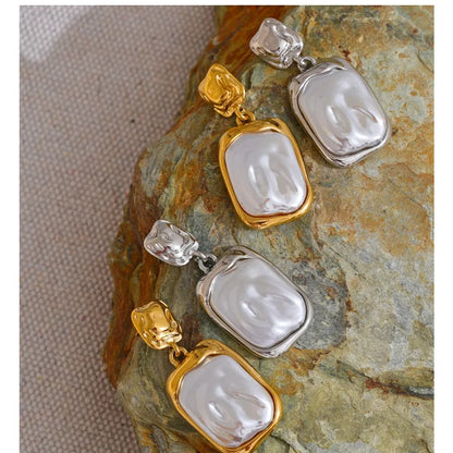 Stainless Steel Pearl Square Drop Earrings for Women Tarnish Resistant - Fashion Jewelry