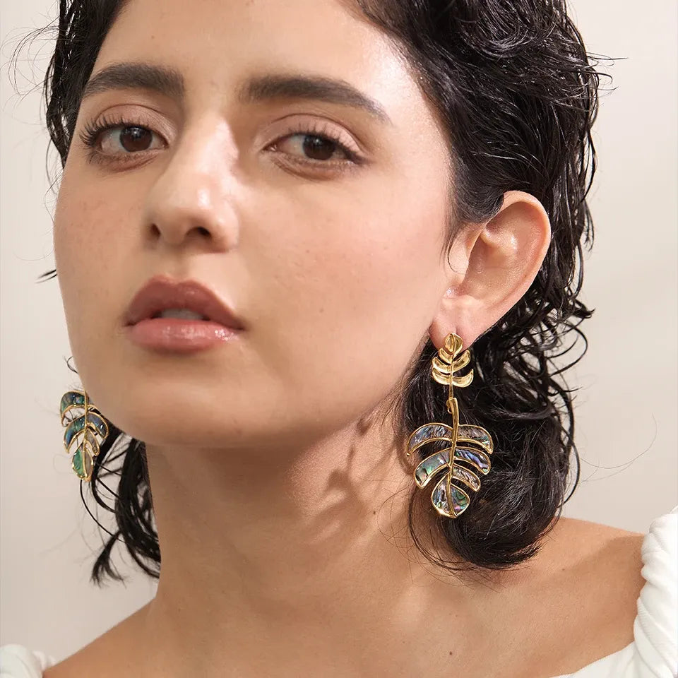 Stainless Steel Big Leaves Drop Dangle Earrings 18k PVD Plated Fashion Summer Jewelry