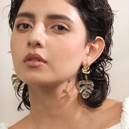 Stainless Steel Big Leaves Drop Dangle Earrings 18k PVD Plated Fashion Summer Jewelry