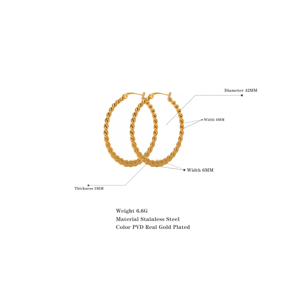 Stainless Steel Twist Golden Big Hoop Earrings Waterproof Metal Unique Trendy Jewelry