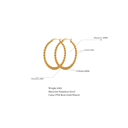Stainless Steel Twist Golden Big Hoop Earrings Waterproof Metal Unique Trendy Jewelry