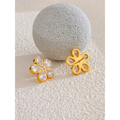 Cubic Zirconia Flower Golden Stud Earrings for Women - 316L Stainless Steel Waterproof Jewellery