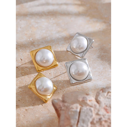 Elegant Square Pearl Stud Earrings – 316L Gold Plated