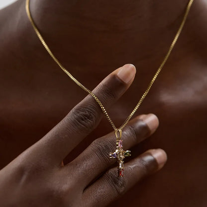 Colorful Cubic Zirconia Cross Pendant Necklace – Gold Stainless Steel