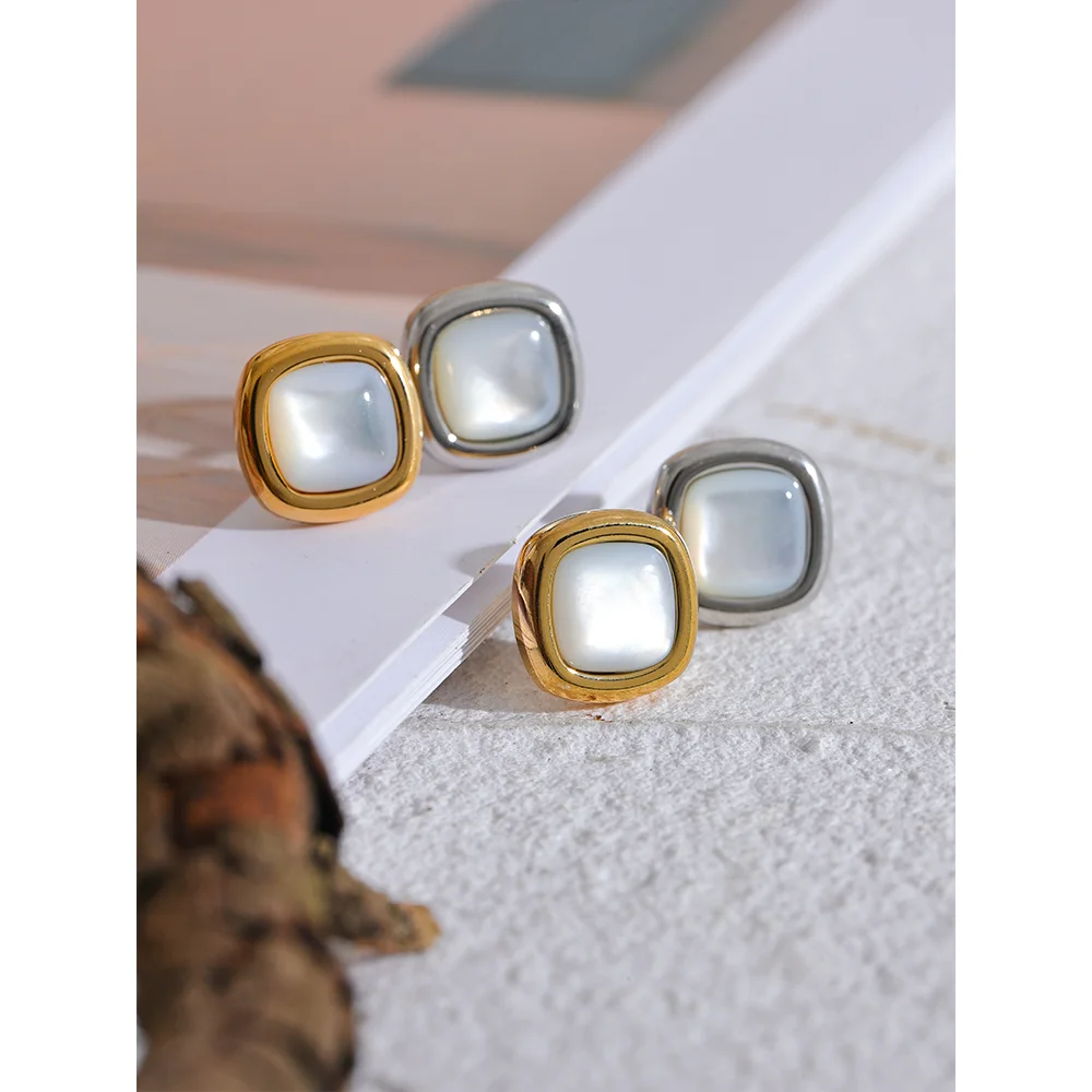 Stylish Gold Plated Shell Square Earrings – Tarnish-Free Stud Design