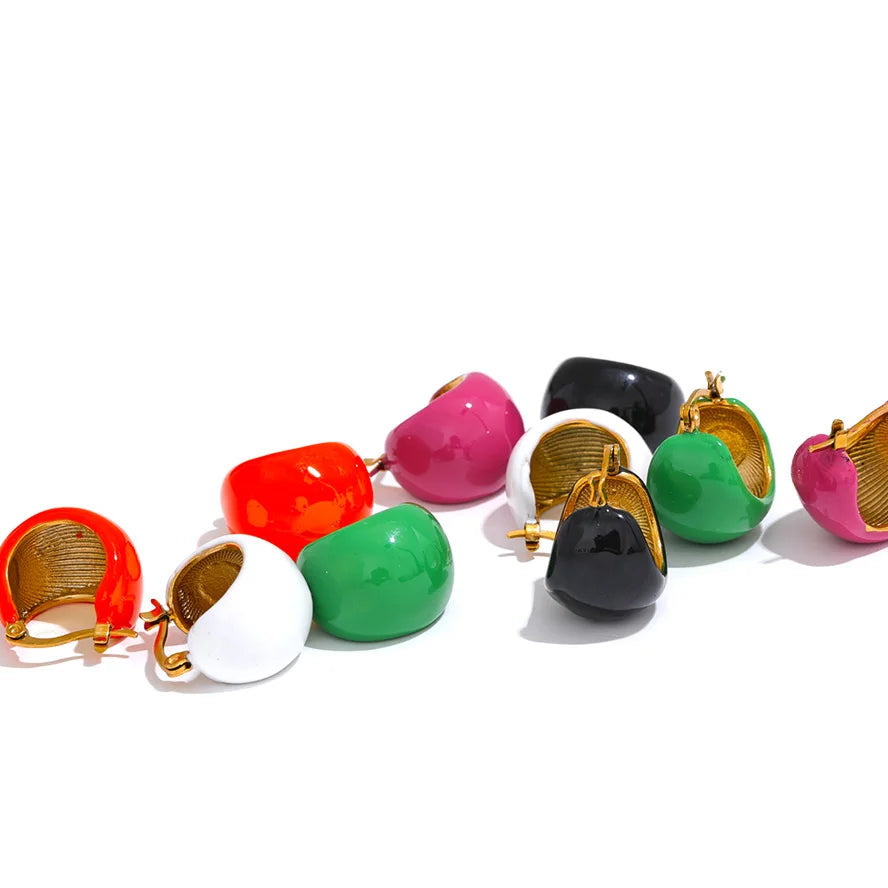 Black White Green Enamel Geometric Waterproof Stainless Steel - Chunky Round Hoop Earrings Women Stylish Jewelry