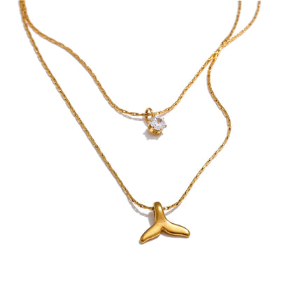 Elegant Double Layer Fishtail Necklace with Zircon Pendant – Gold Plated