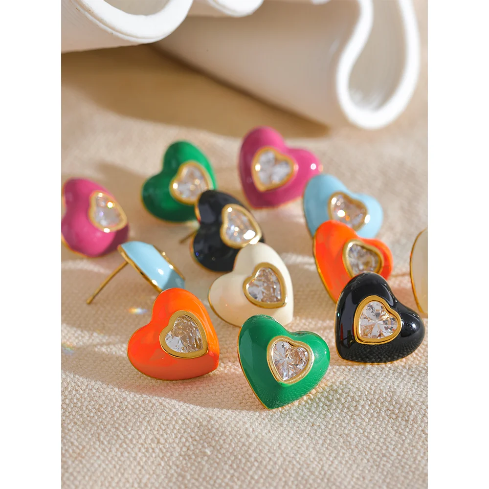 Elegant Colorful Heart Enamel Stud Earrings with CZ – Chic Jewelry