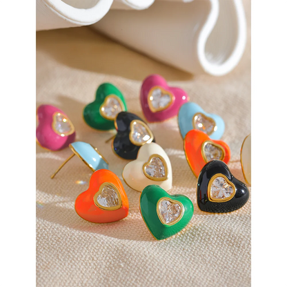 Elegant Colorful Heart Enamel Stud Earrings with CZ – Chic Jewelry