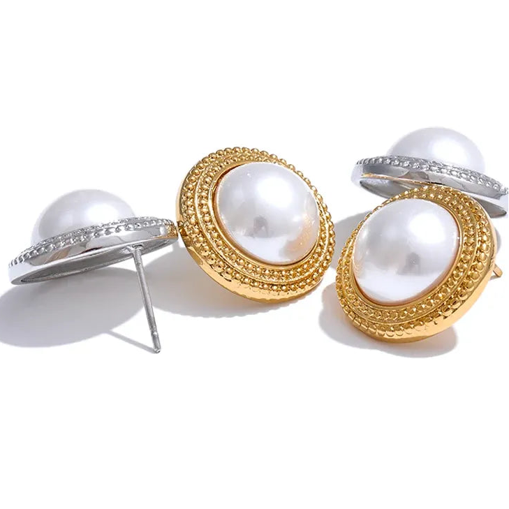 Korean Imitation Pearls Round Stud Earrings Hypoallergenic Elegant Classic Daily Fashion Gold & Platinum PVD Plated Jewelry