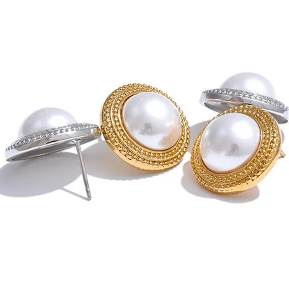 Korean Imitation Pearls Round Stud Earrings Hypoallergenic Elegant Classic Daily Fashion Gold & Platinum PVD Plated Jewelry
